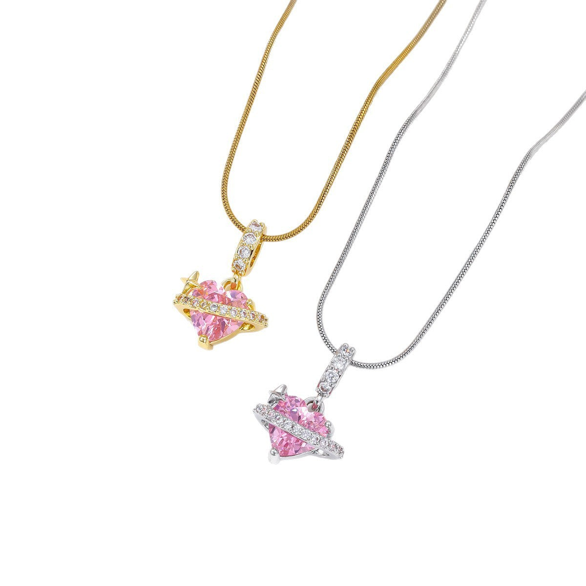 Pink Crystal Heart Planet Necklace