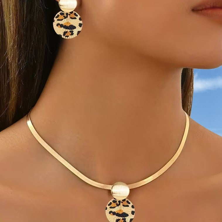 Leopard Print Flat Chain Necklace & Earring Set