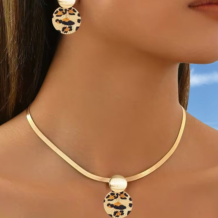 Leopard Print Flat Chain Necklace & Earring Set