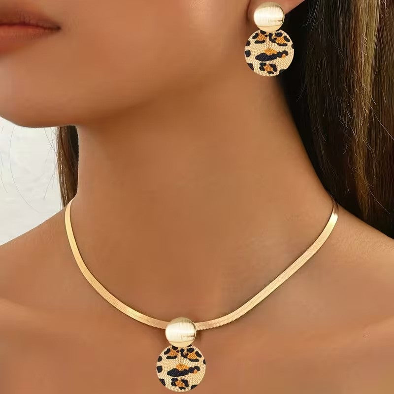 Leopard Print Flat Chain Necklace & Earring Set