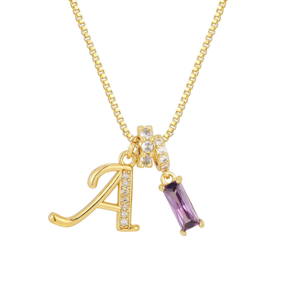 Crystal Script Initial Necklace with Purple Stone