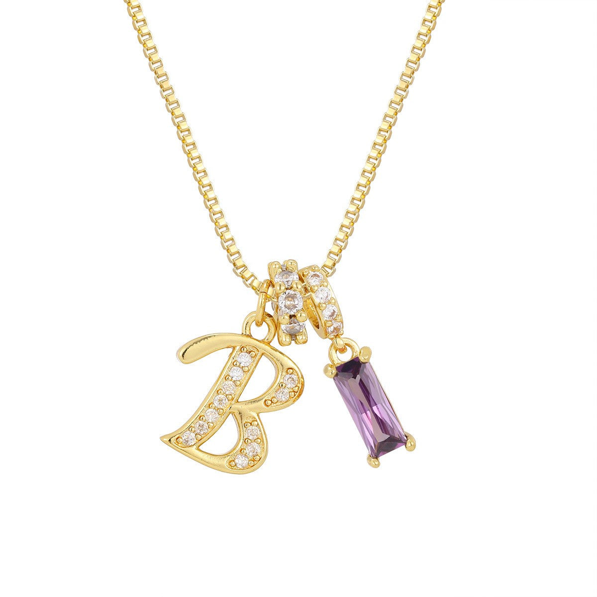 Crystal Script Initial Necklace with Purple Stone