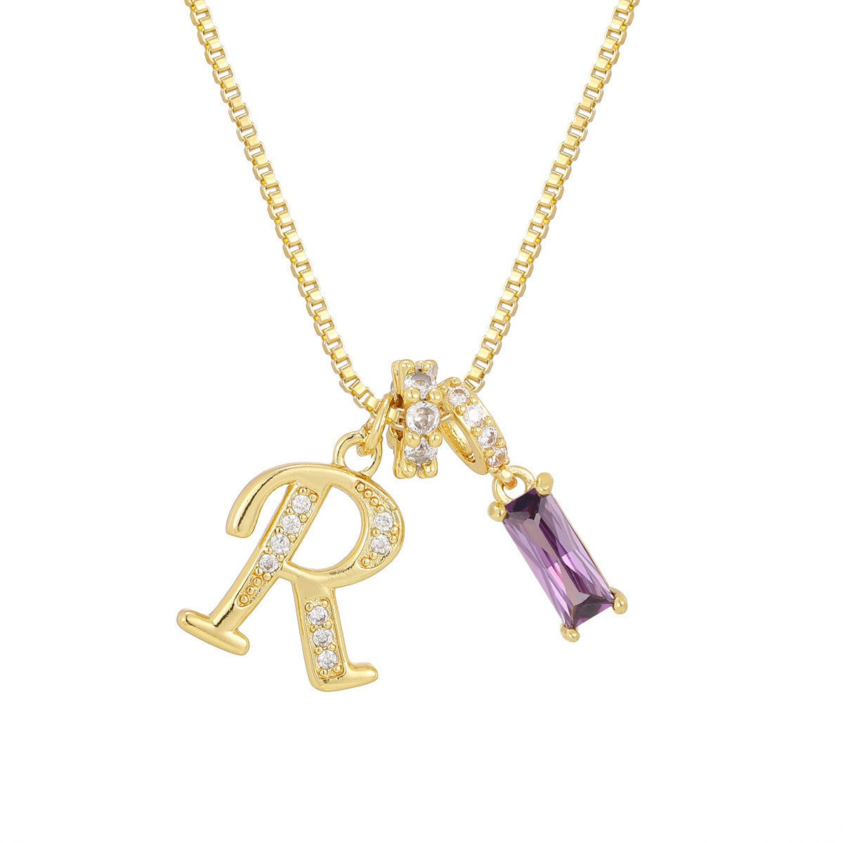 Crystal Script Initial Necklace with Purple Stone