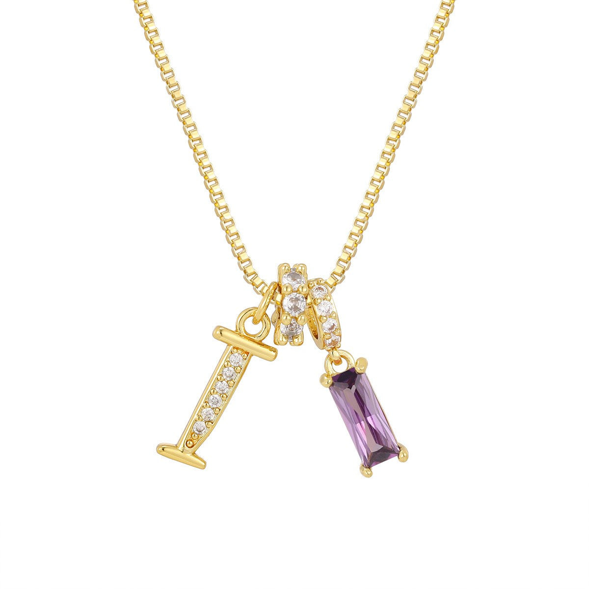 Crystal Script Initial Necklace with Purple Stone