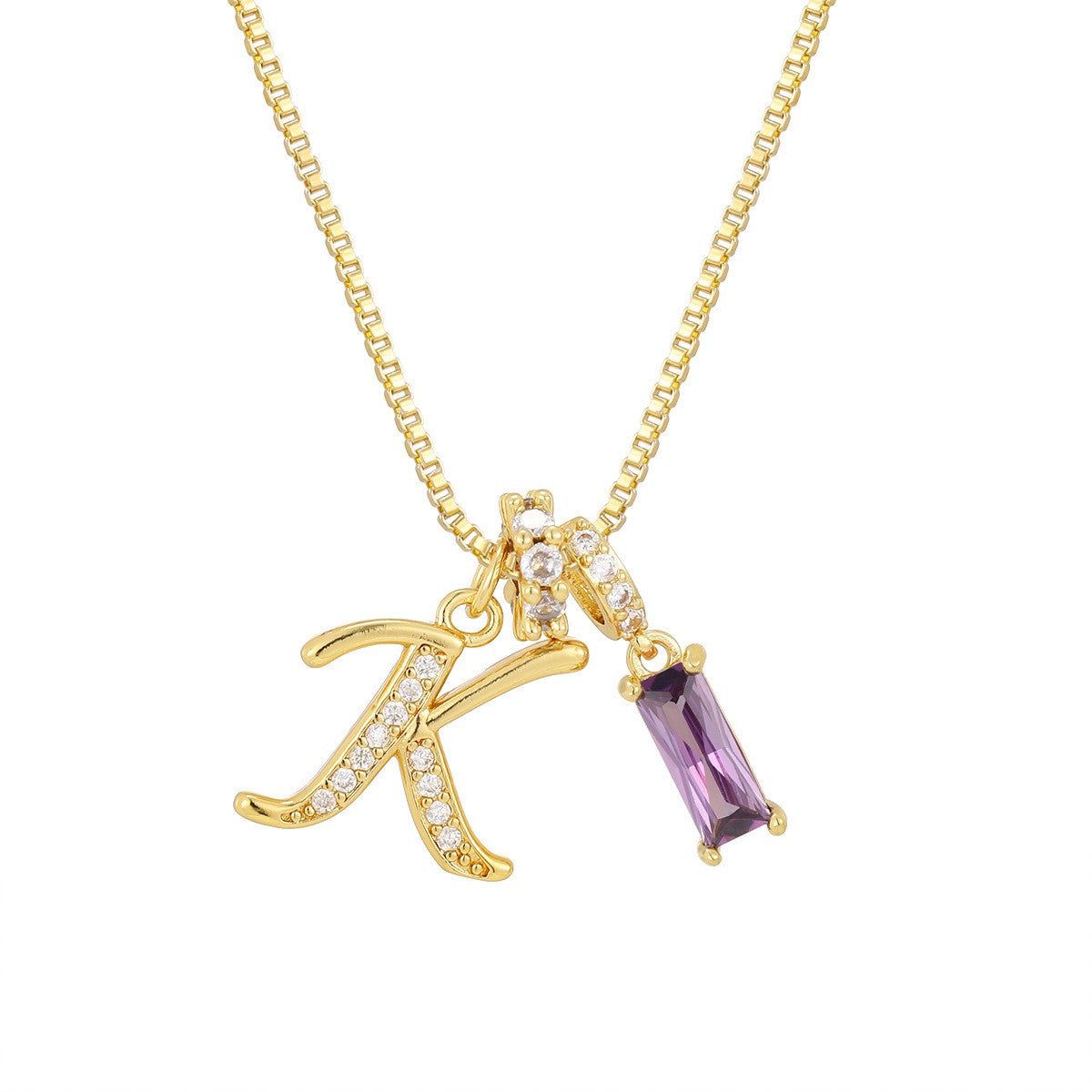 Crystal Script Initial Necklace with Purple Stone