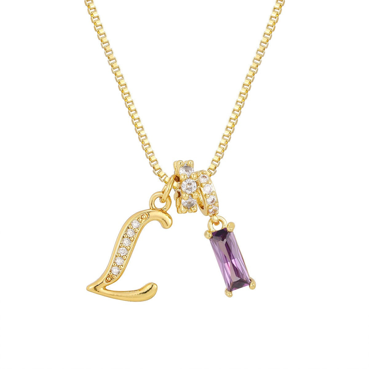 Crystal Script Initial Necklace with Purple Stone