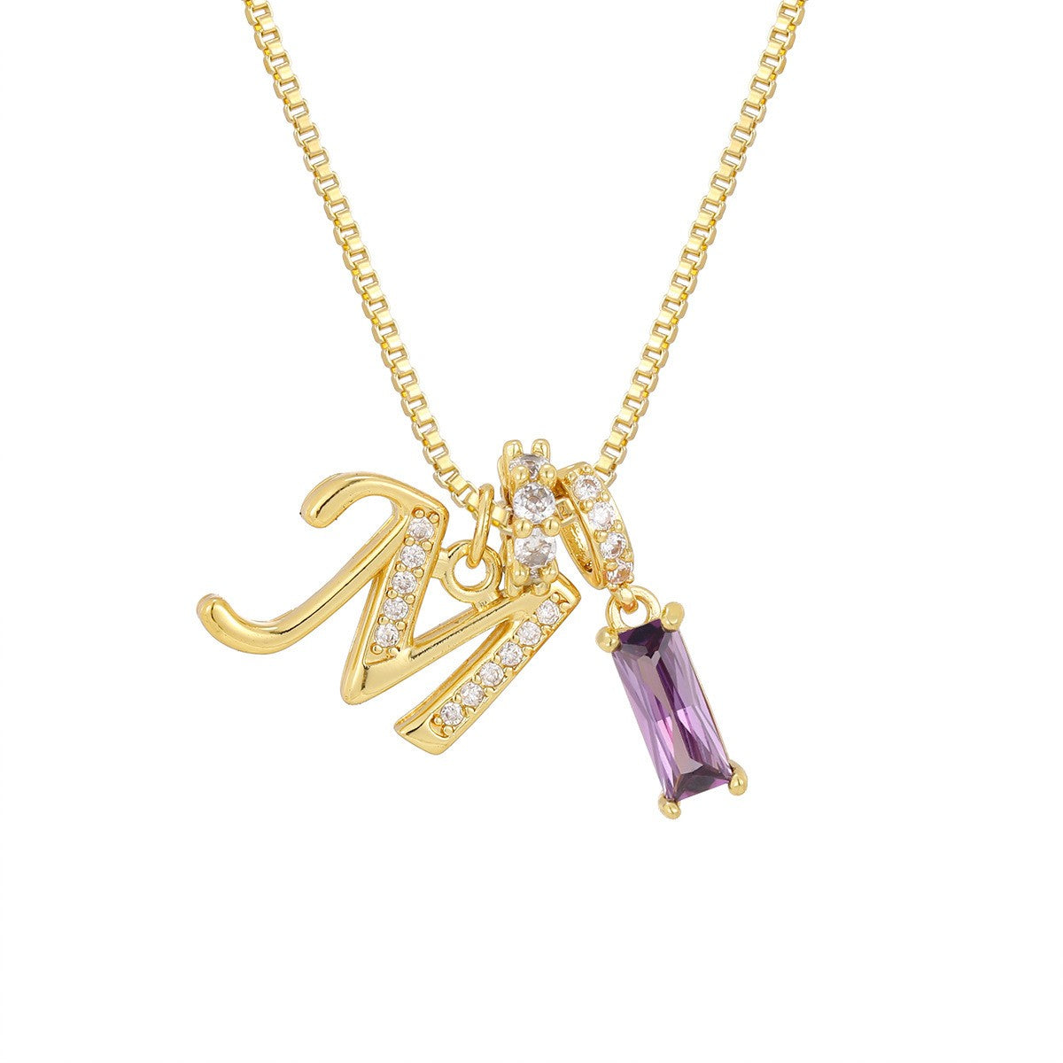 Crystal Script Initial Necklace with Purple Stone