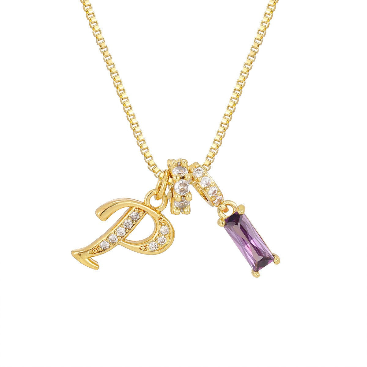 Crystal Script Initial Necklace with Purple Stone