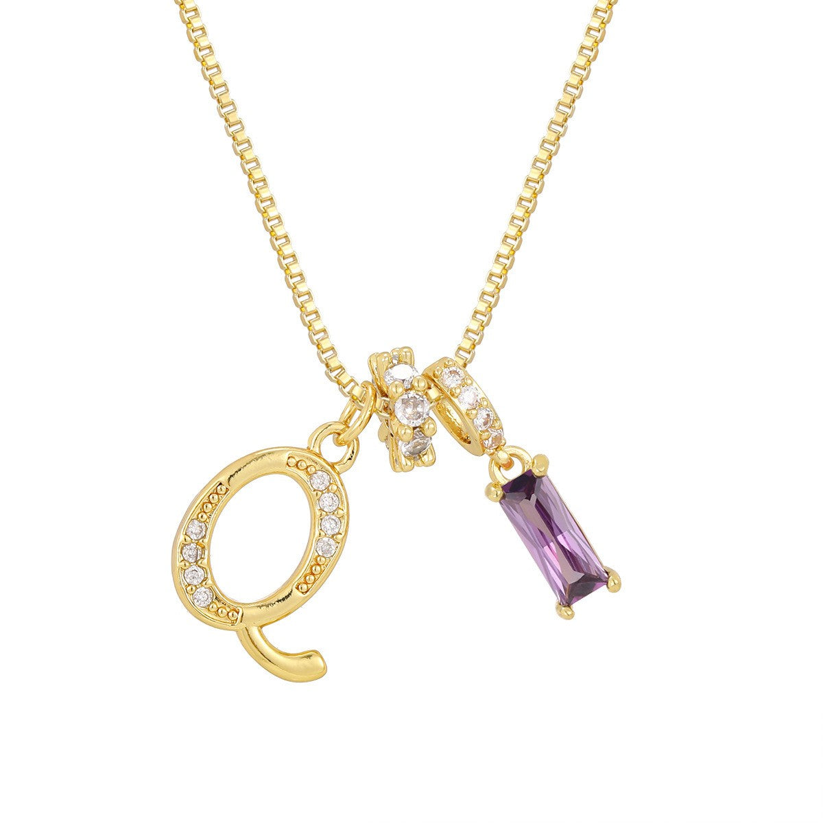 Crystal Script Initial Necklace with Purple Stone