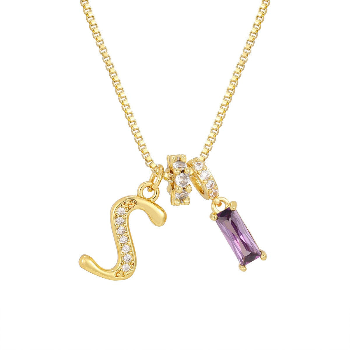 Crystal Script Initial Necklace with Purple Stone