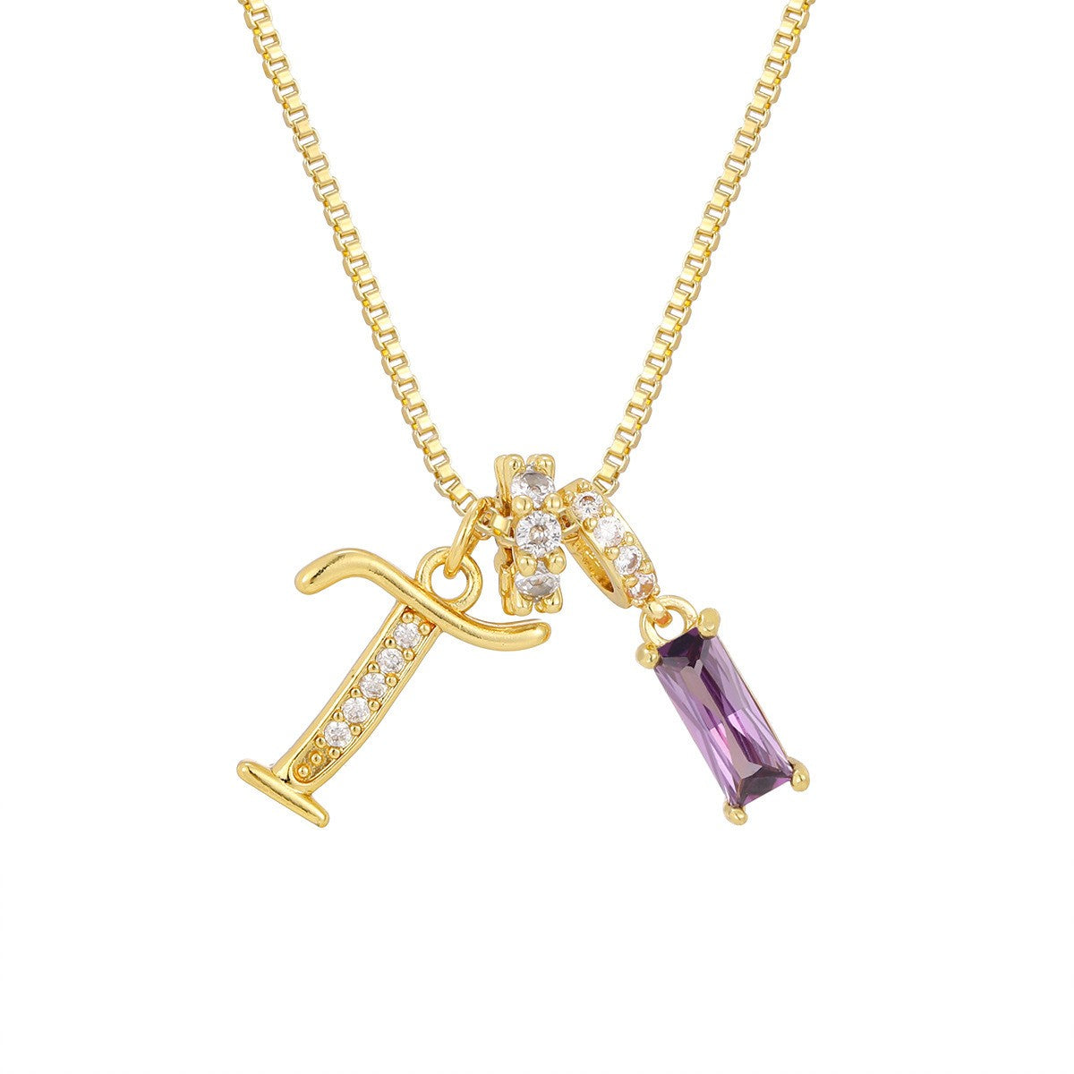 Crystal Script Initial Necklace with Purple Stone