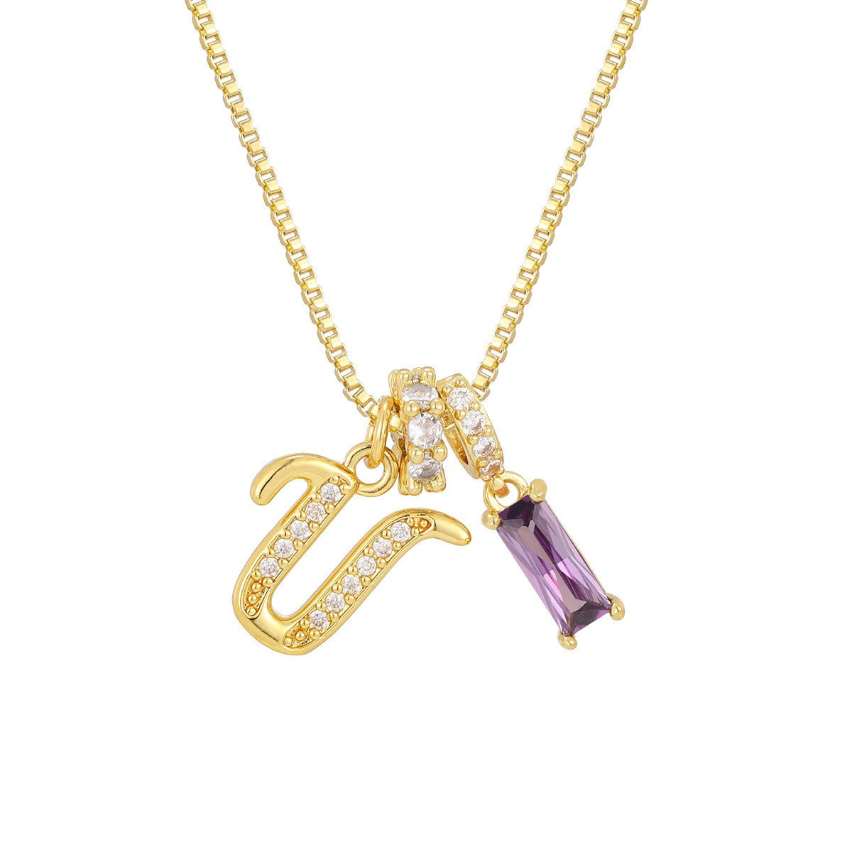 Crystal Script Initial Necklace with Purple Stone