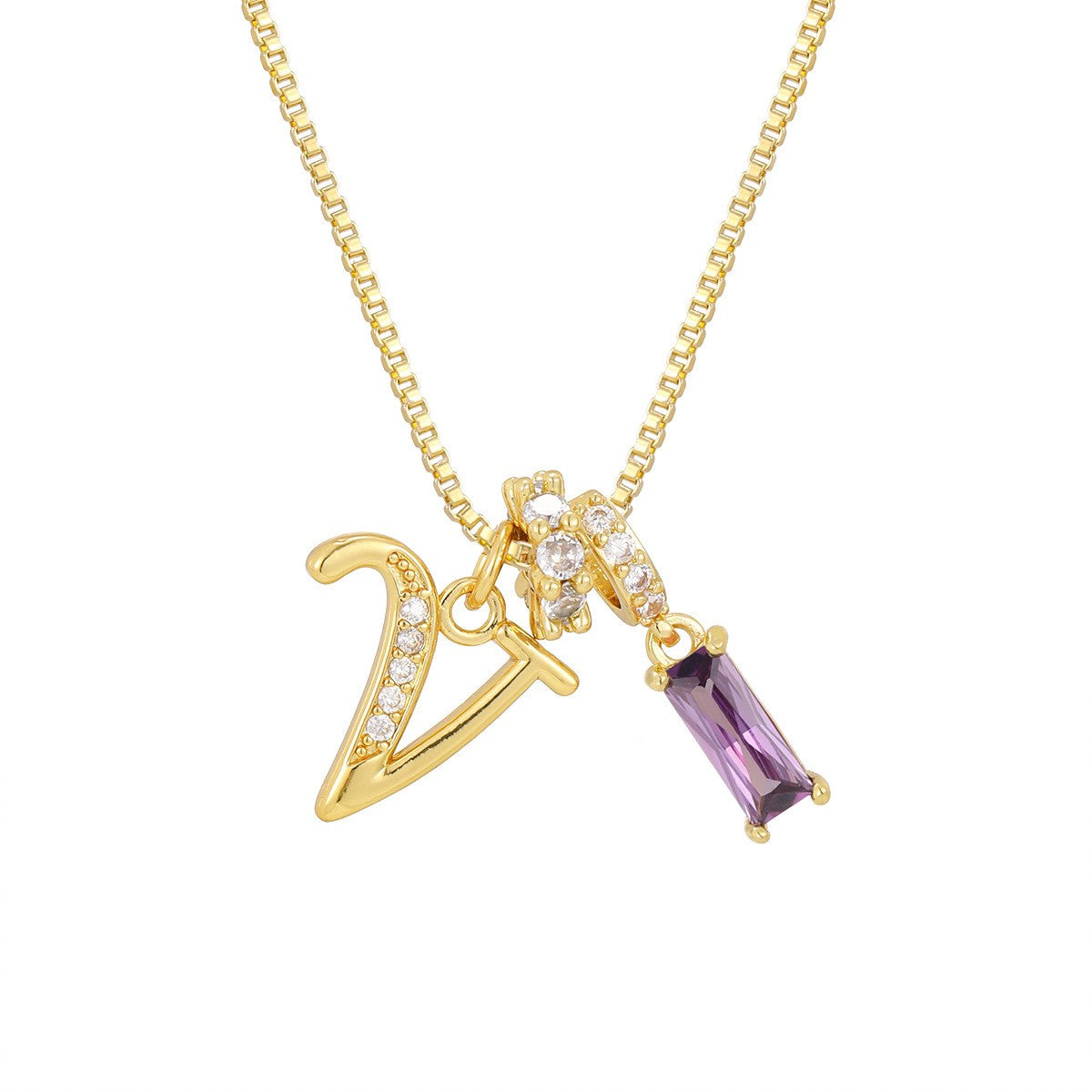 Crystal Script Initial Necklace with Purple Stone