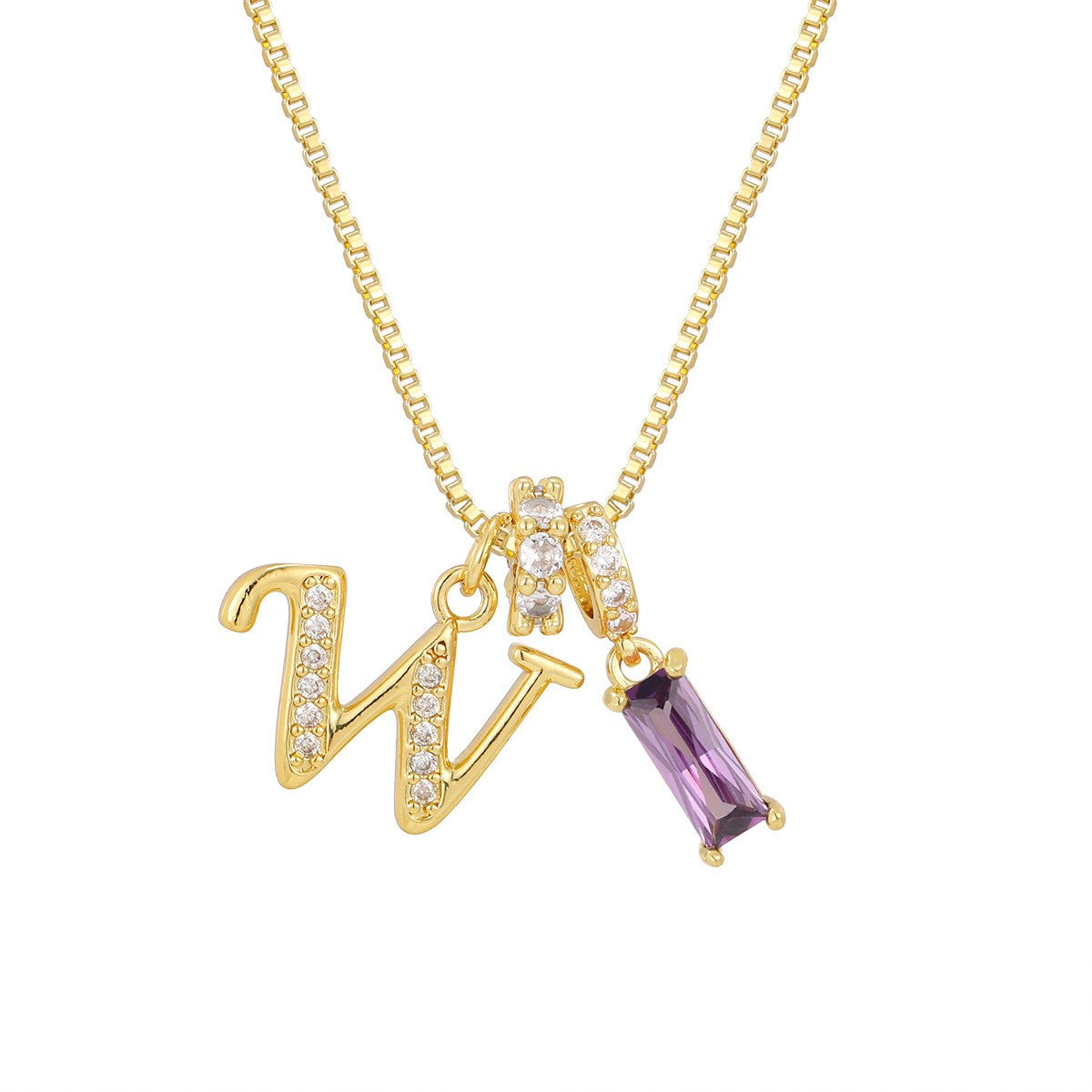 Crystal Script Initial Necklace with Purple Stone