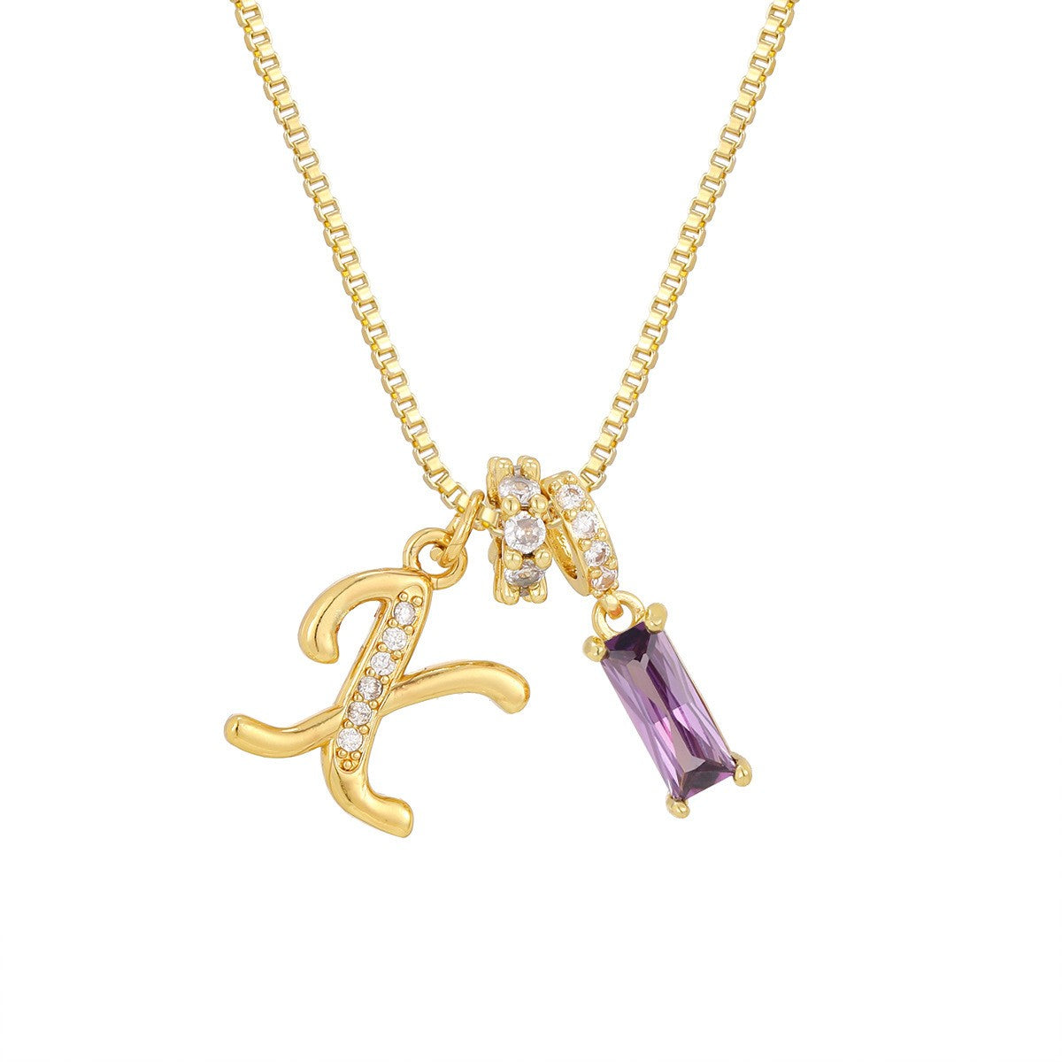 Crystal Script Initial Necklace with Purple Stone