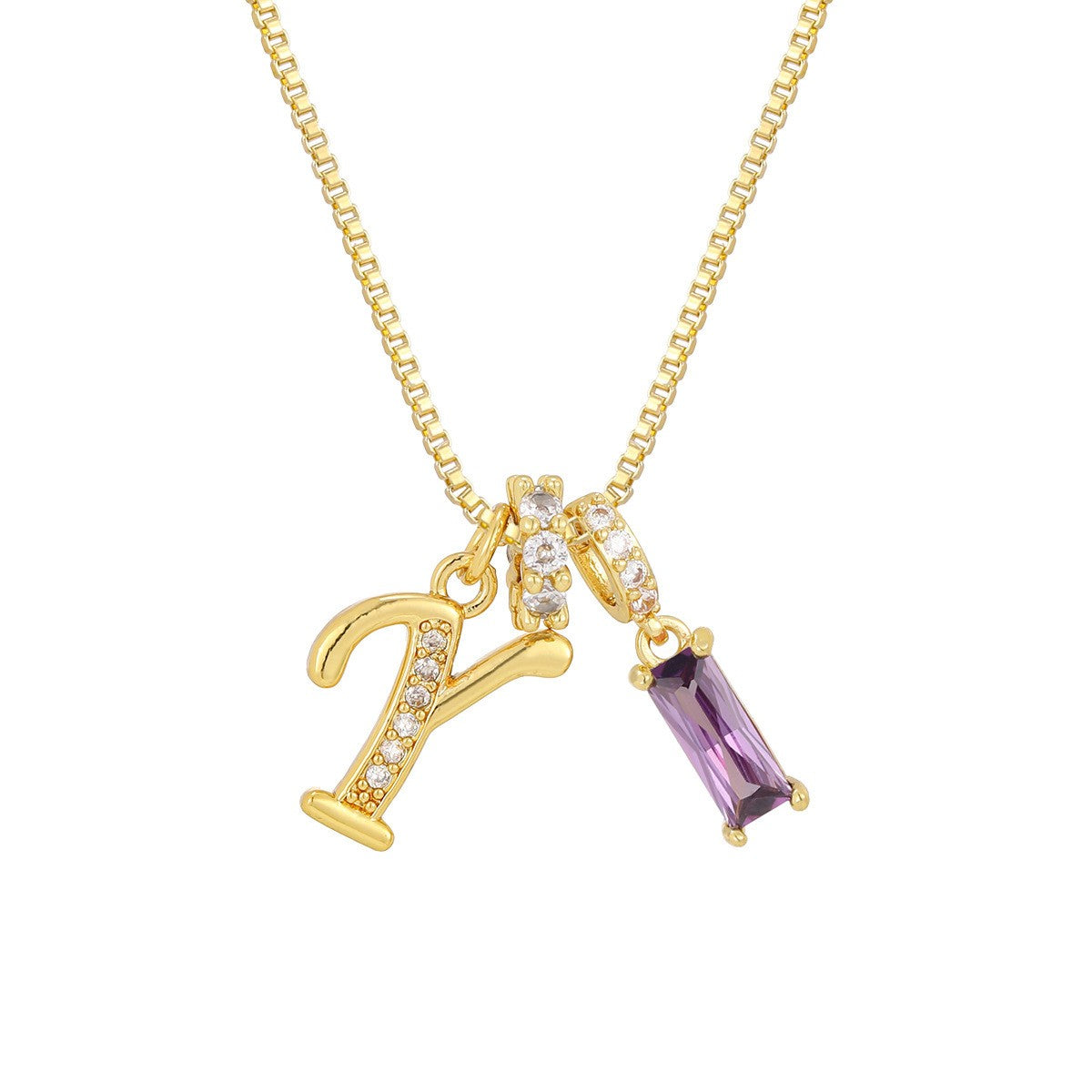 Crystal Script Initial Necklace with Purple Stone