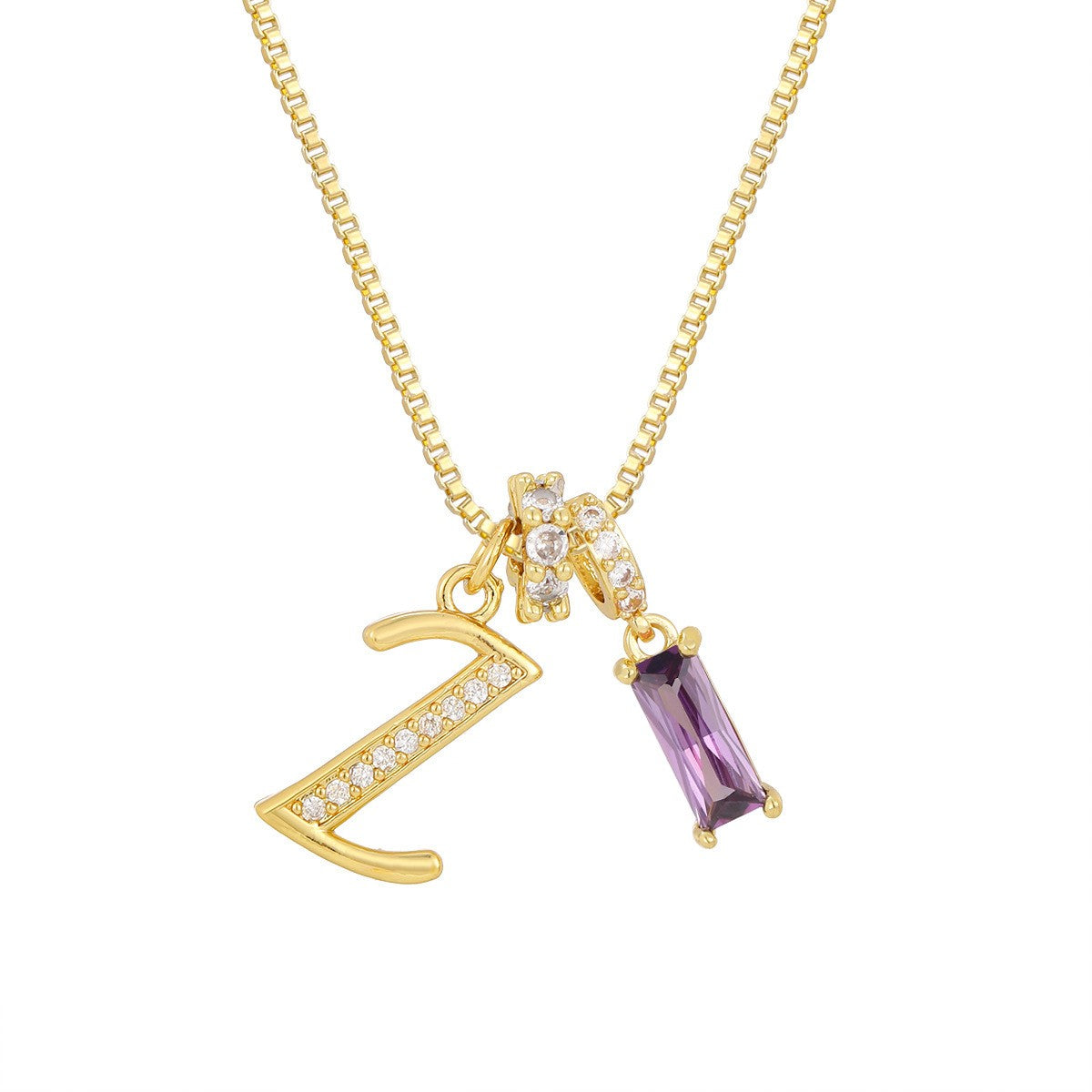 Crystal Script Initial Necklace with Purple Stone
