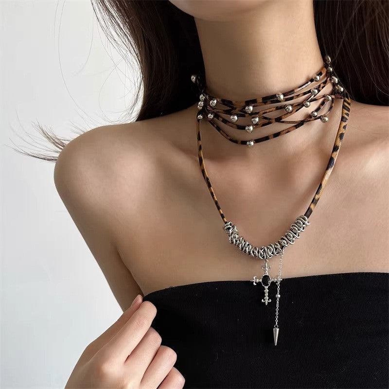Leopard Bead & Spike Layered Necklace
