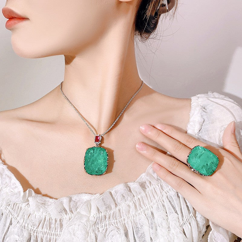 Green Square Stone Necklace & Ring Set