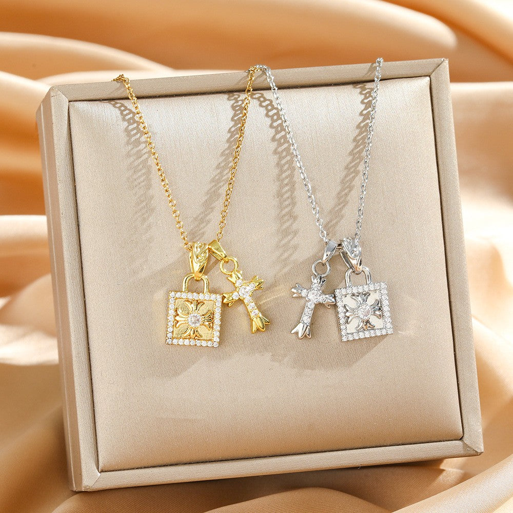 Rhinestone Cross & Square Charm Necklace