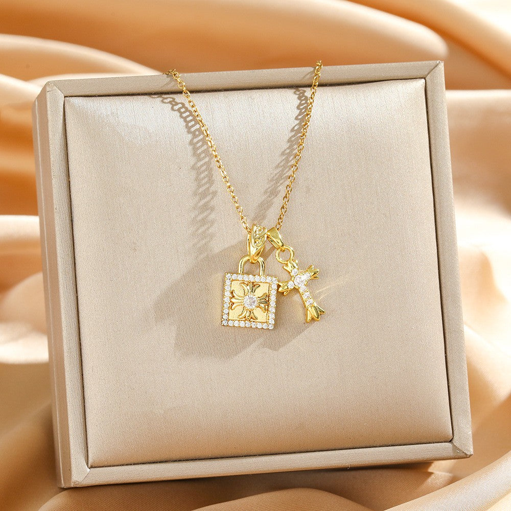 Rhinestone Cross & Square Charm Necklace