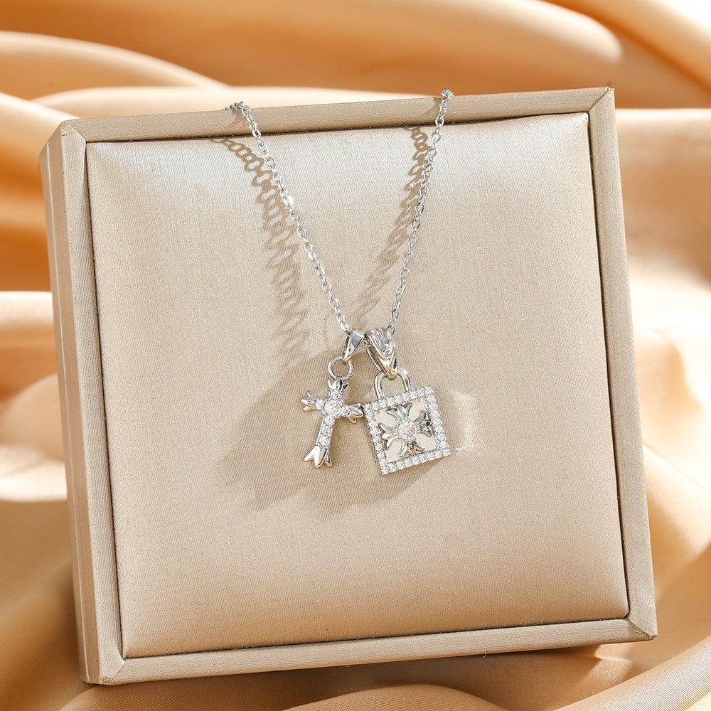 Rhinestone Cross & Square Charm Necklace