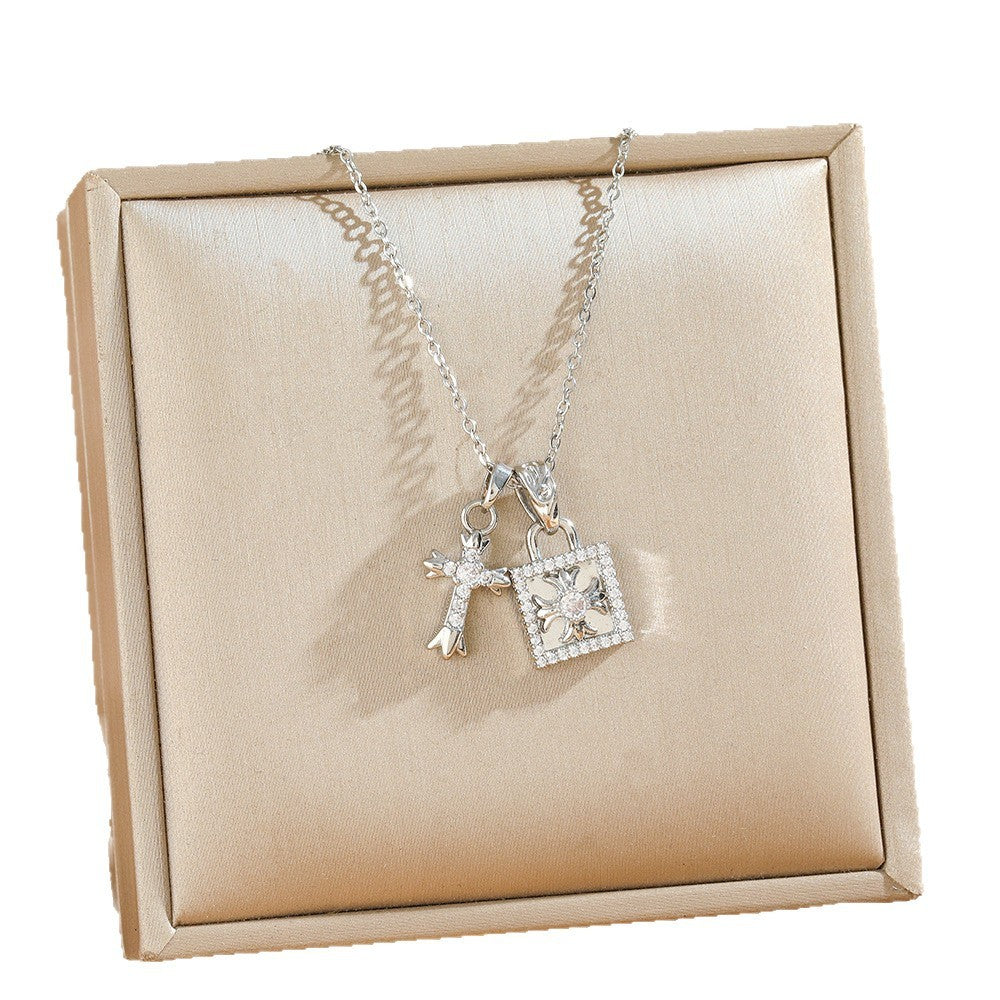 Rhinestone Cross & Square Charm Necklace