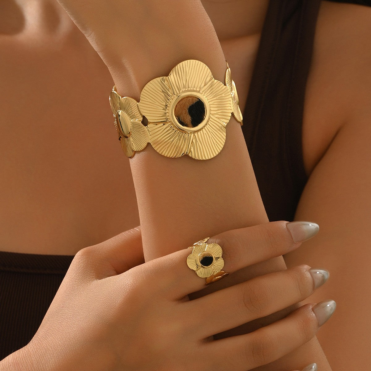 Textured Floral Open Cuff & Ring Set