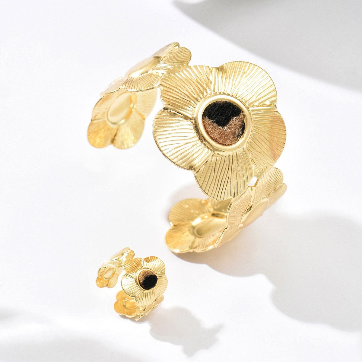 Textured Floral Open Cuff & Ring Set