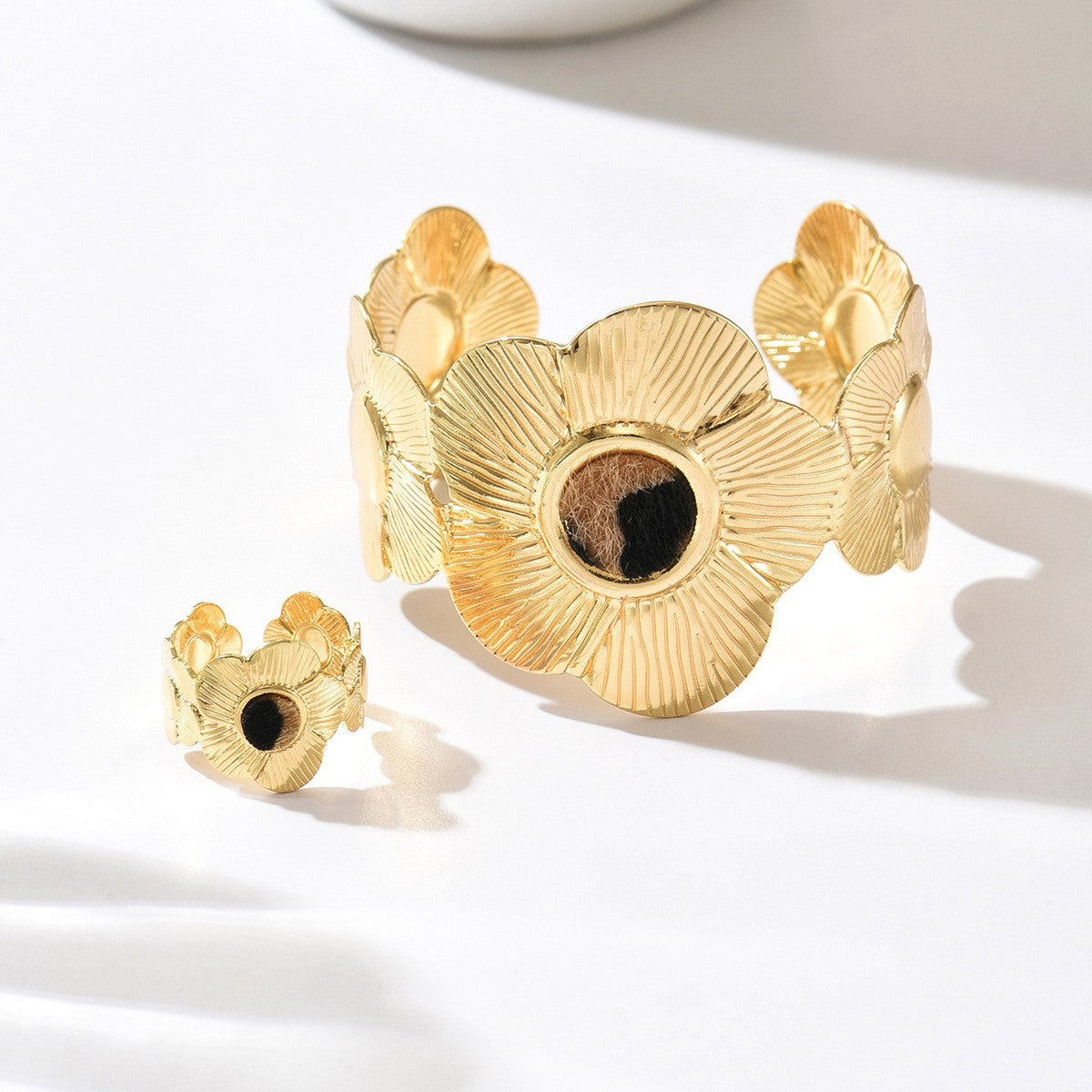 Textured Floral Open Cuff & Ring Set