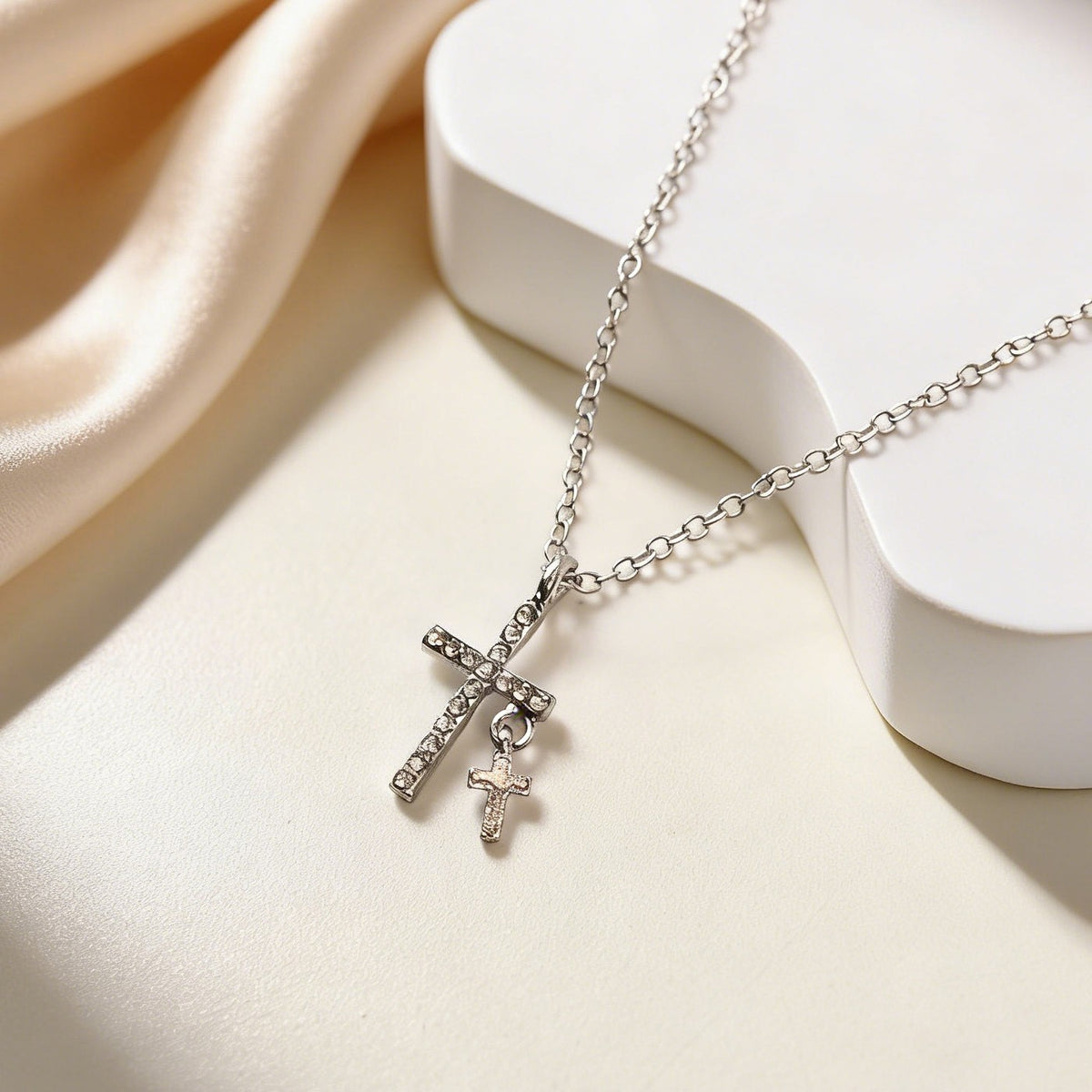 Rhinestone Cross with Mini Charm Necklace