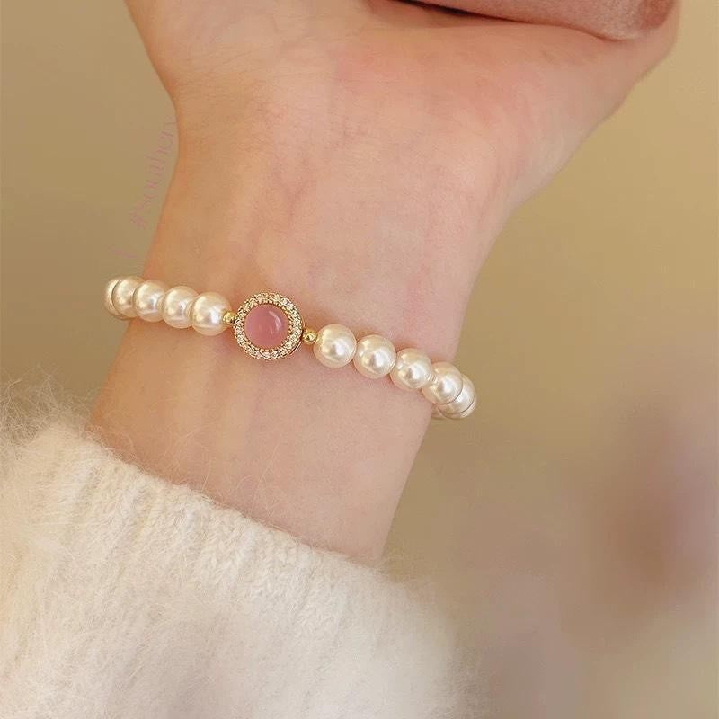 Pink Stone Circle Pearl Bracelet
