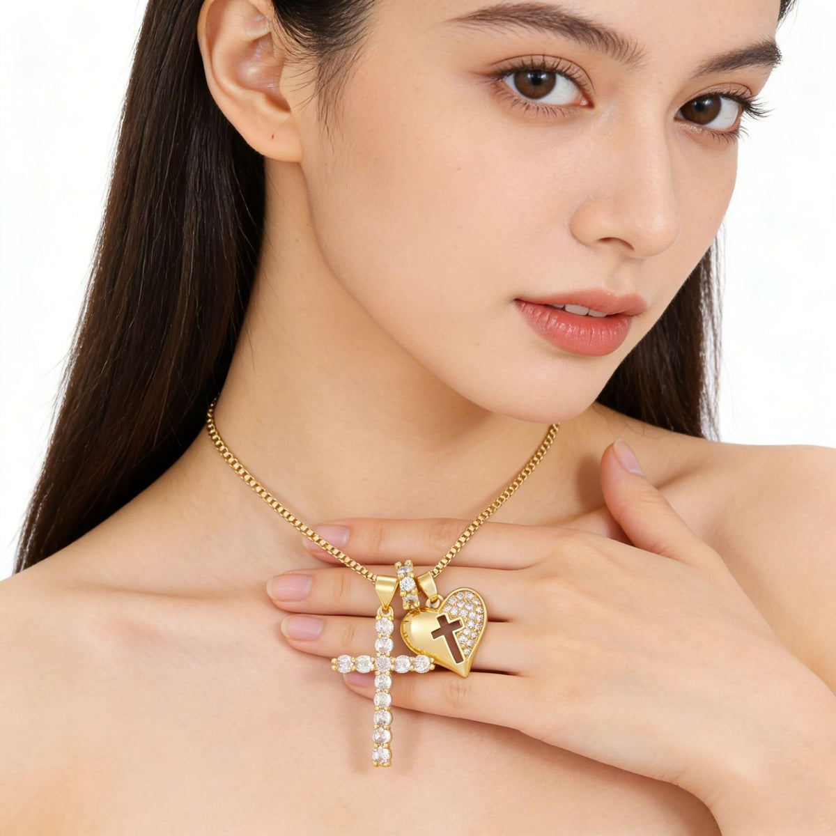Paved Cross & Heart Necklace