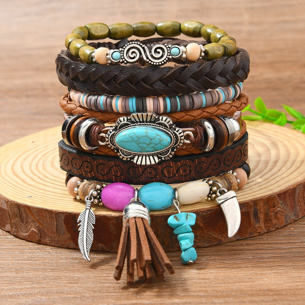 Turquoise Feather Layered Bracelet Set