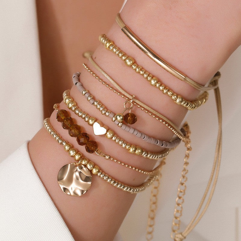 Amber Bead & Heart Charm Bracelet Set