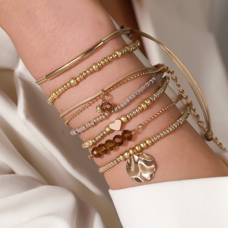 Amber Bead & Heart Charm Bracelet Set