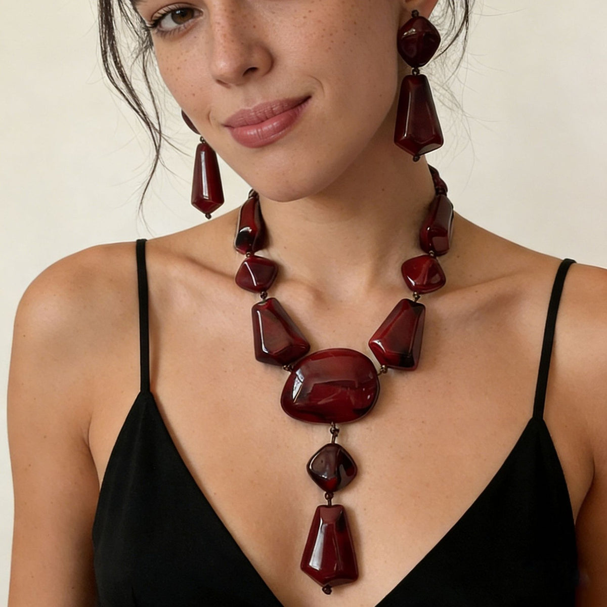 Burgundy Faceted Geometric Necklace & Earring Set