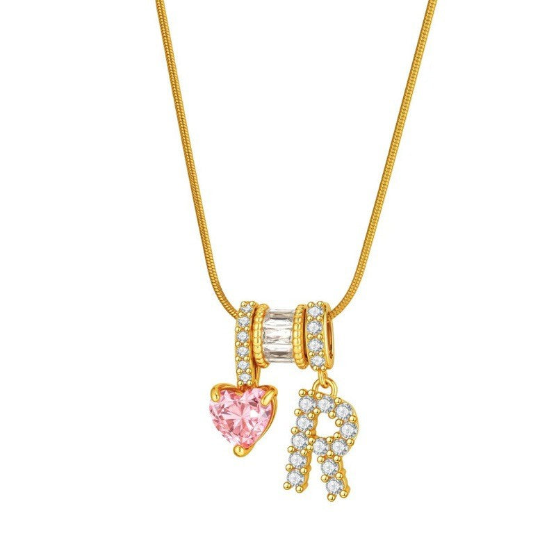 Pink Heart & Crystal Initial Necklace