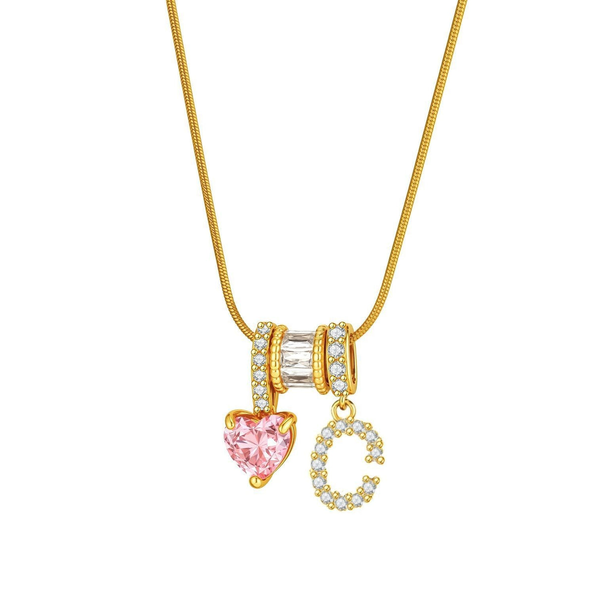Pink Heart & Crystal Initial Necklace