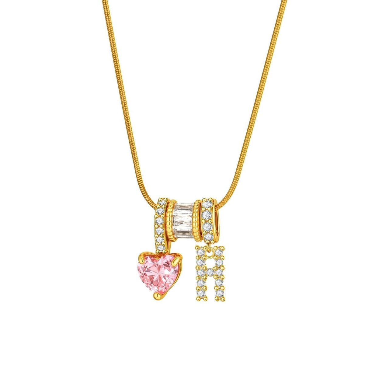 Pink Heart & Crystal Initial Necklace