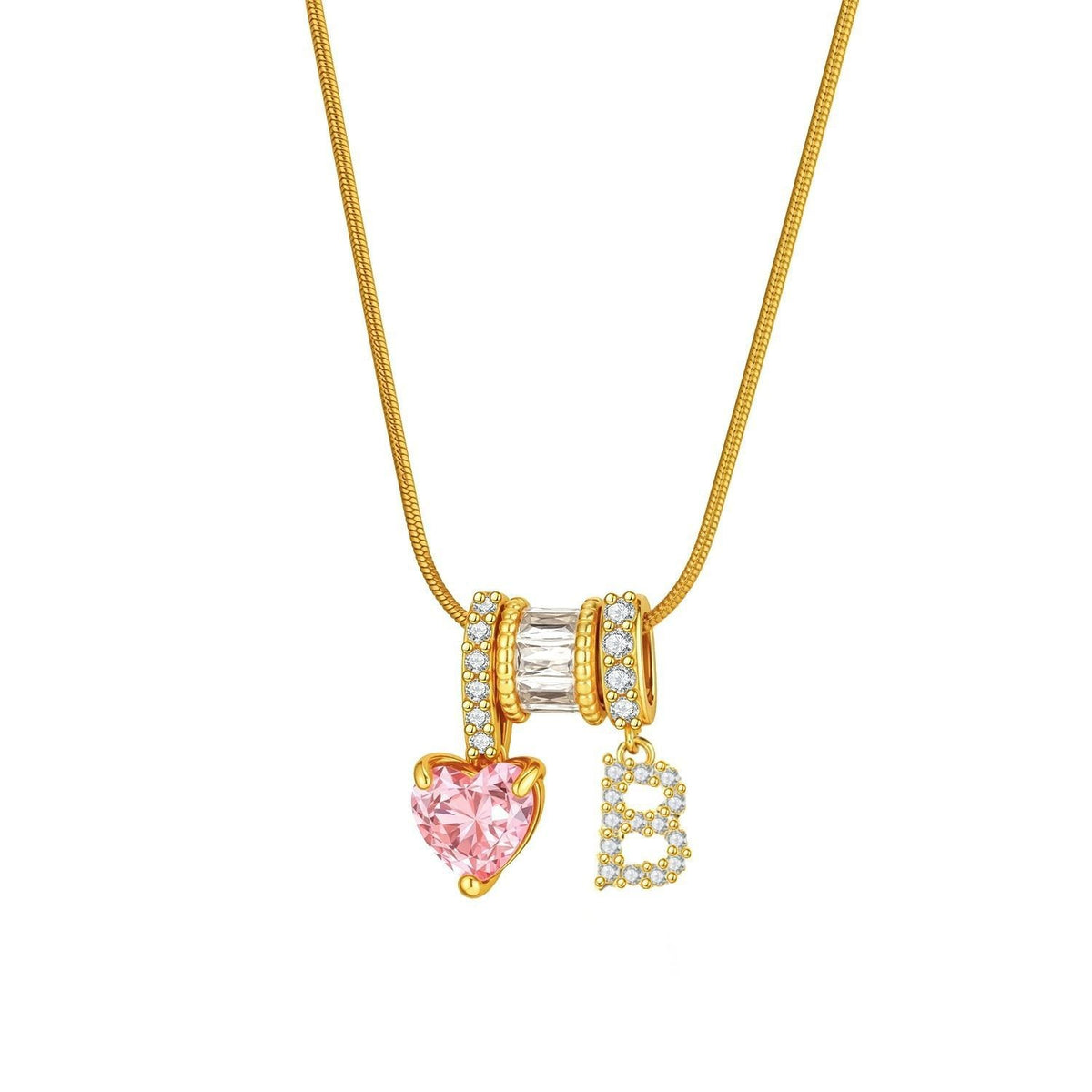 Pink Heart & Crystal Initial Necklace