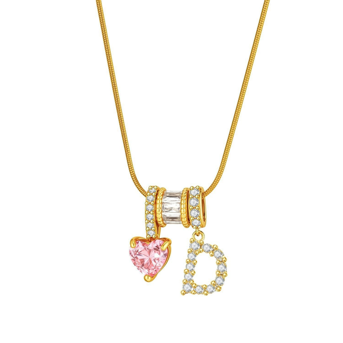 Pink Heart & Crystal Initial Necklace