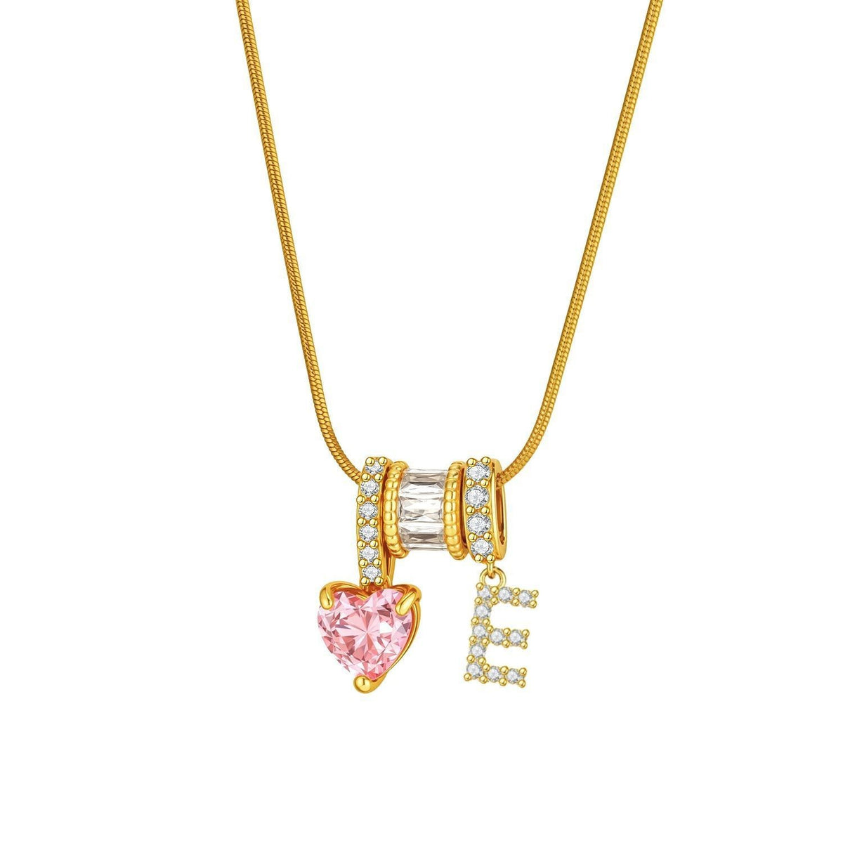 Pink Heart & Crystal Initial Necklace