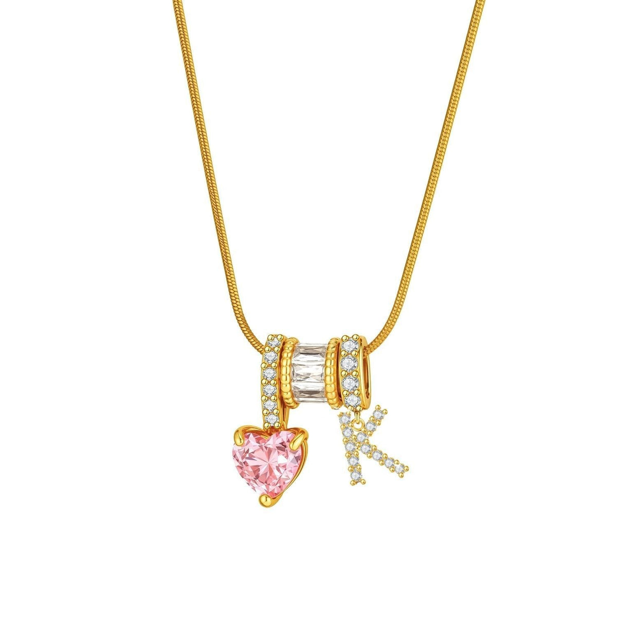 Pink Heart & Crystal Initial Necklace
