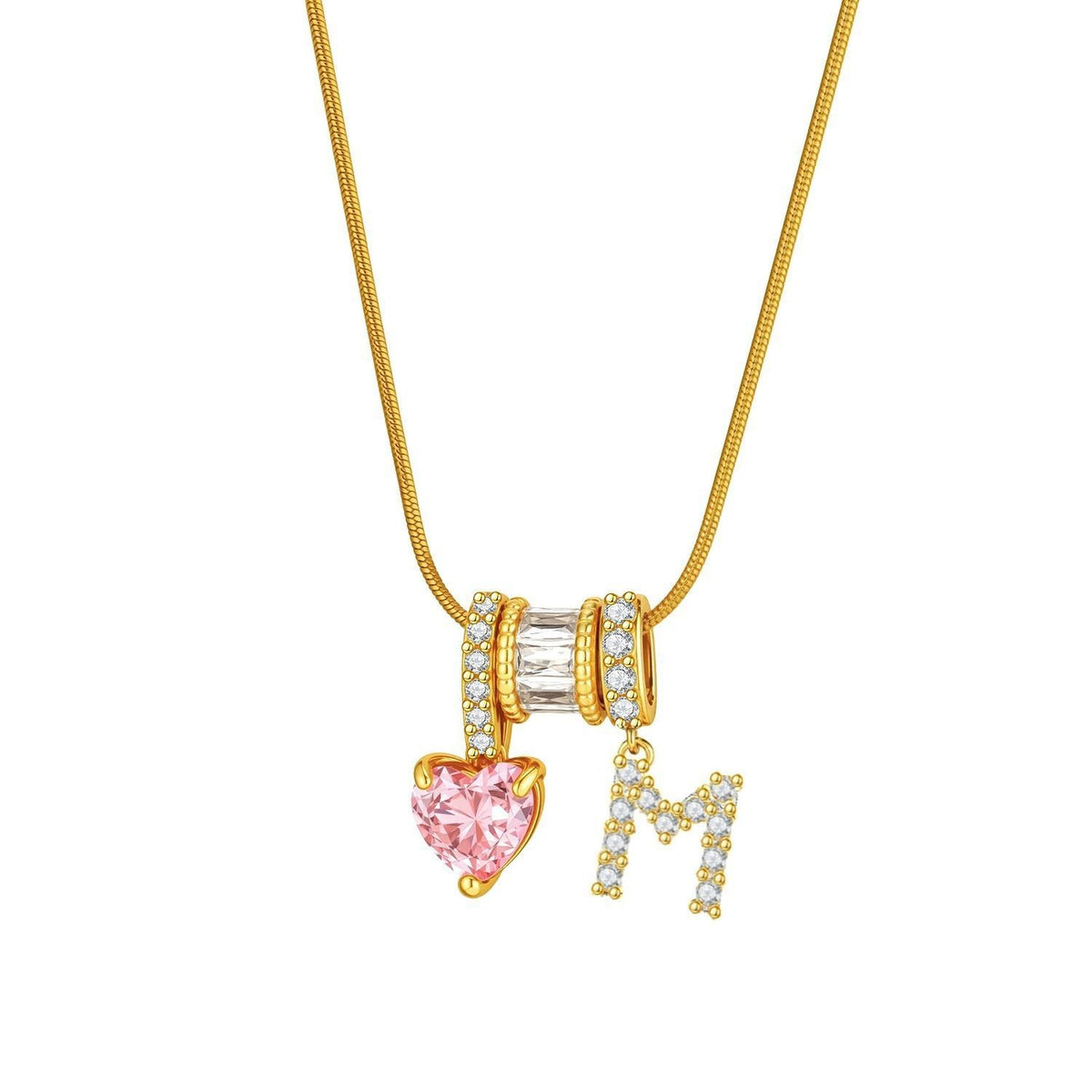 Pink Heart & Crystal Initial Necklace