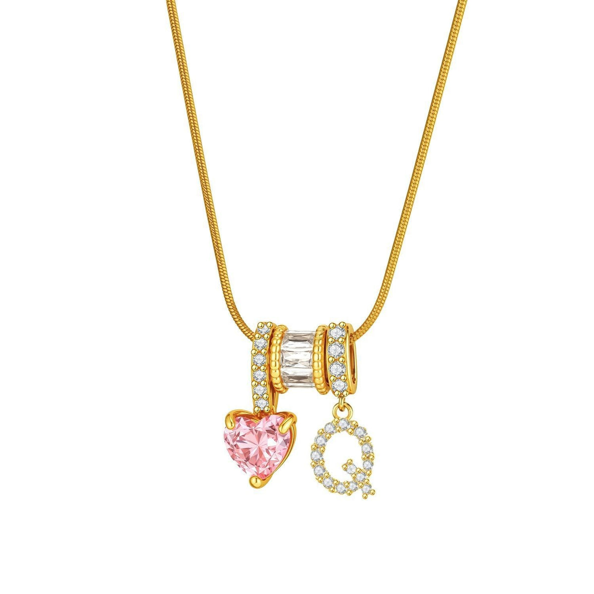 Pink Heart & Crystal Initial Necklace