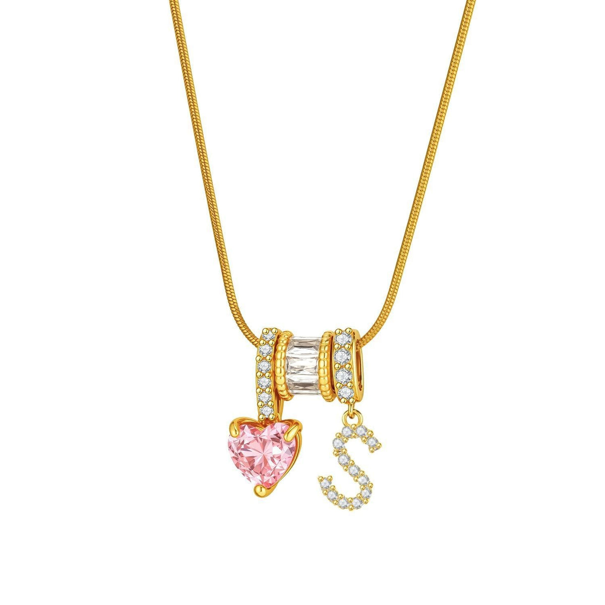 Pink Heart & Crystal Initial Necklace