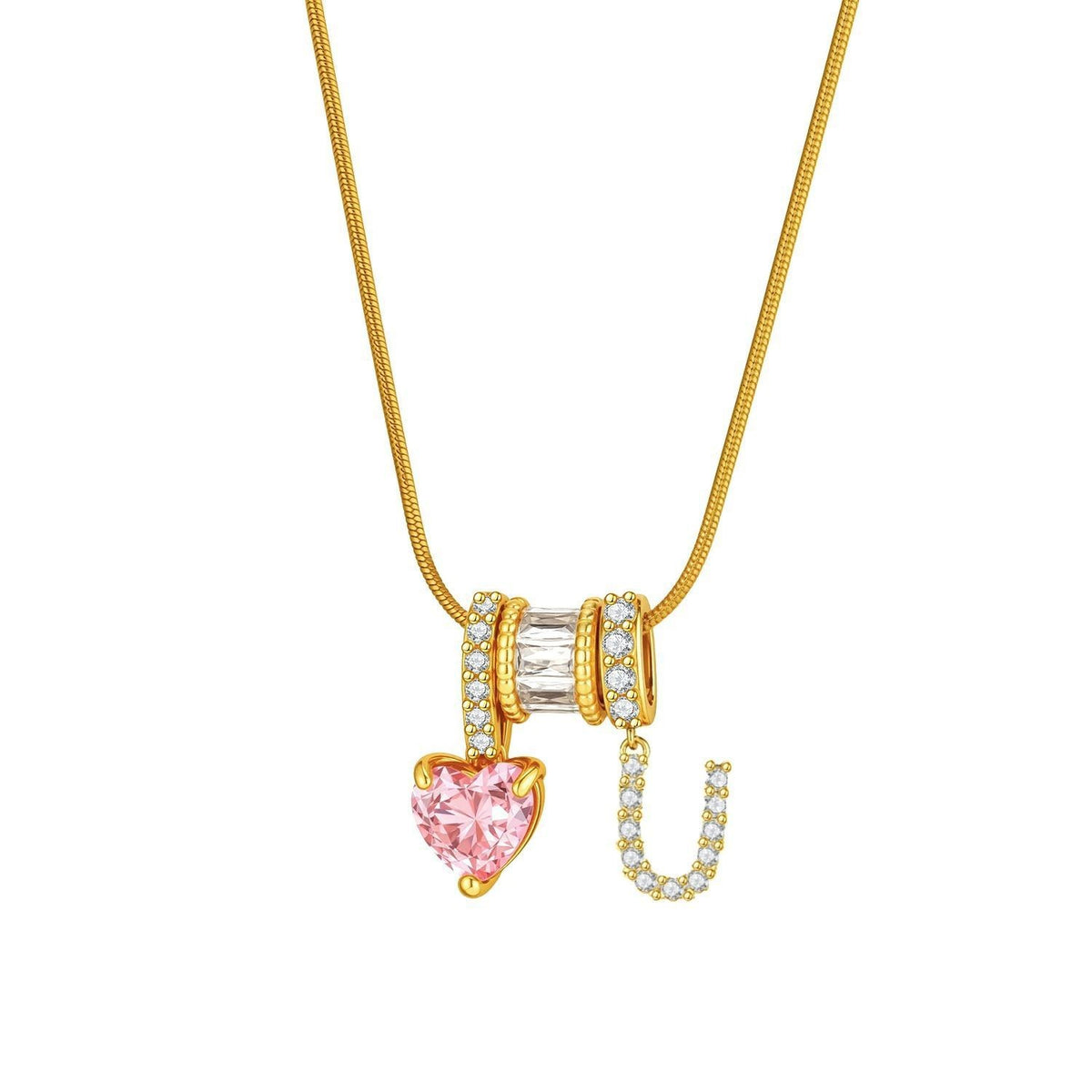 Pink Heart & Crystal Initial Necklace