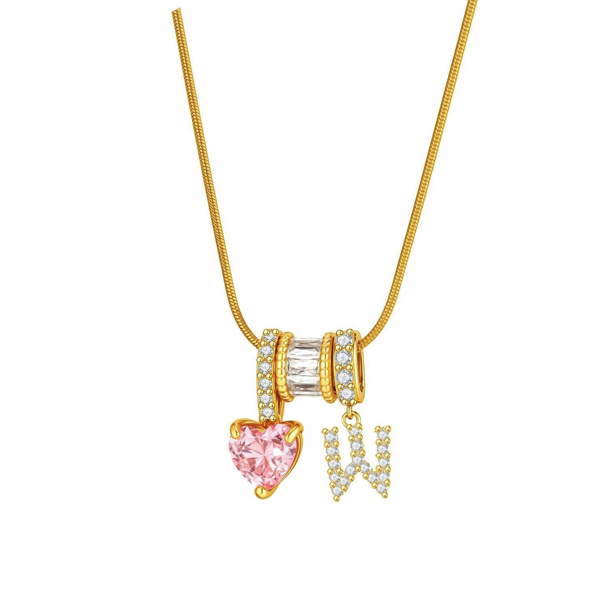 Pink Heart & Crystal Initial Necklace