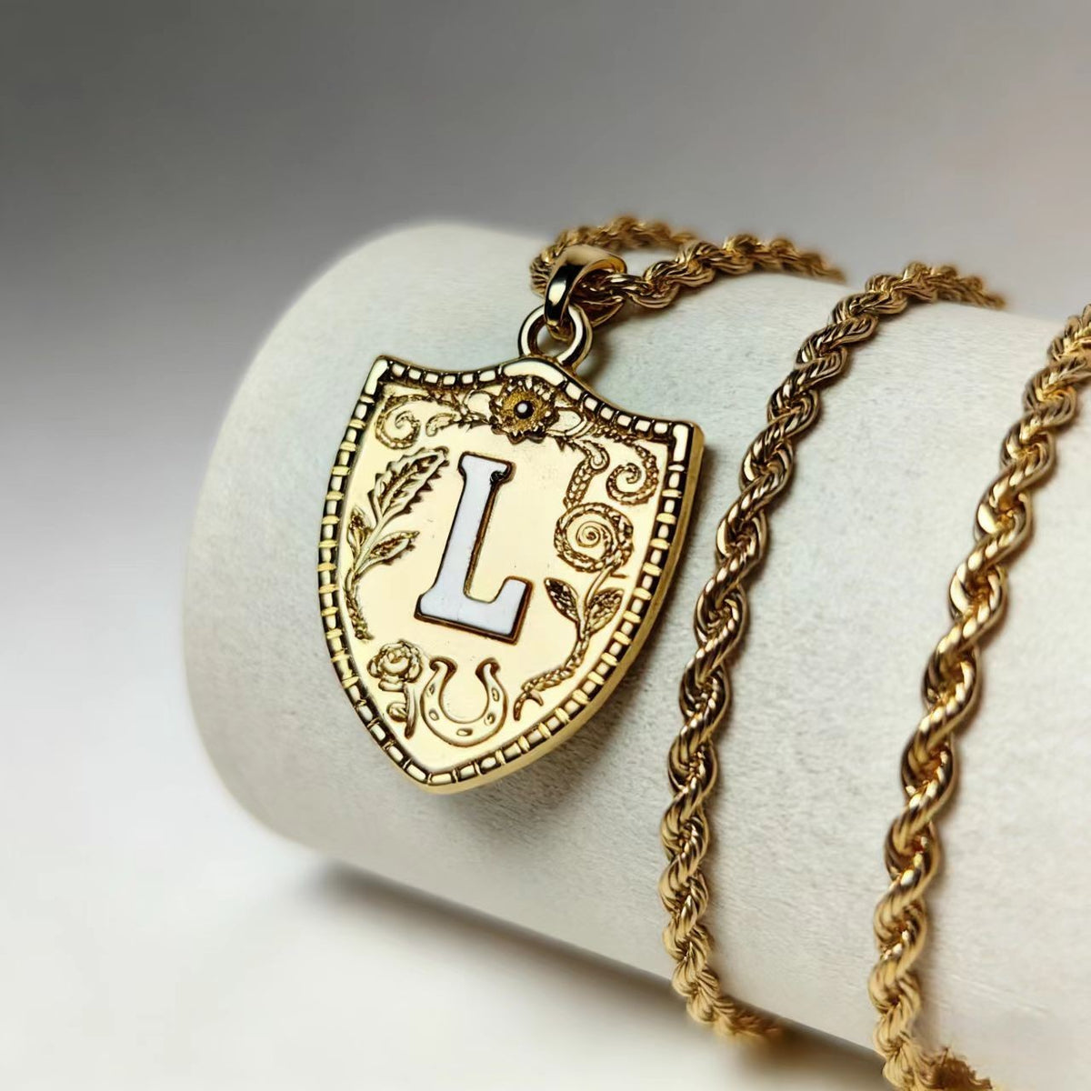 Embossed Shield Initial Necklace